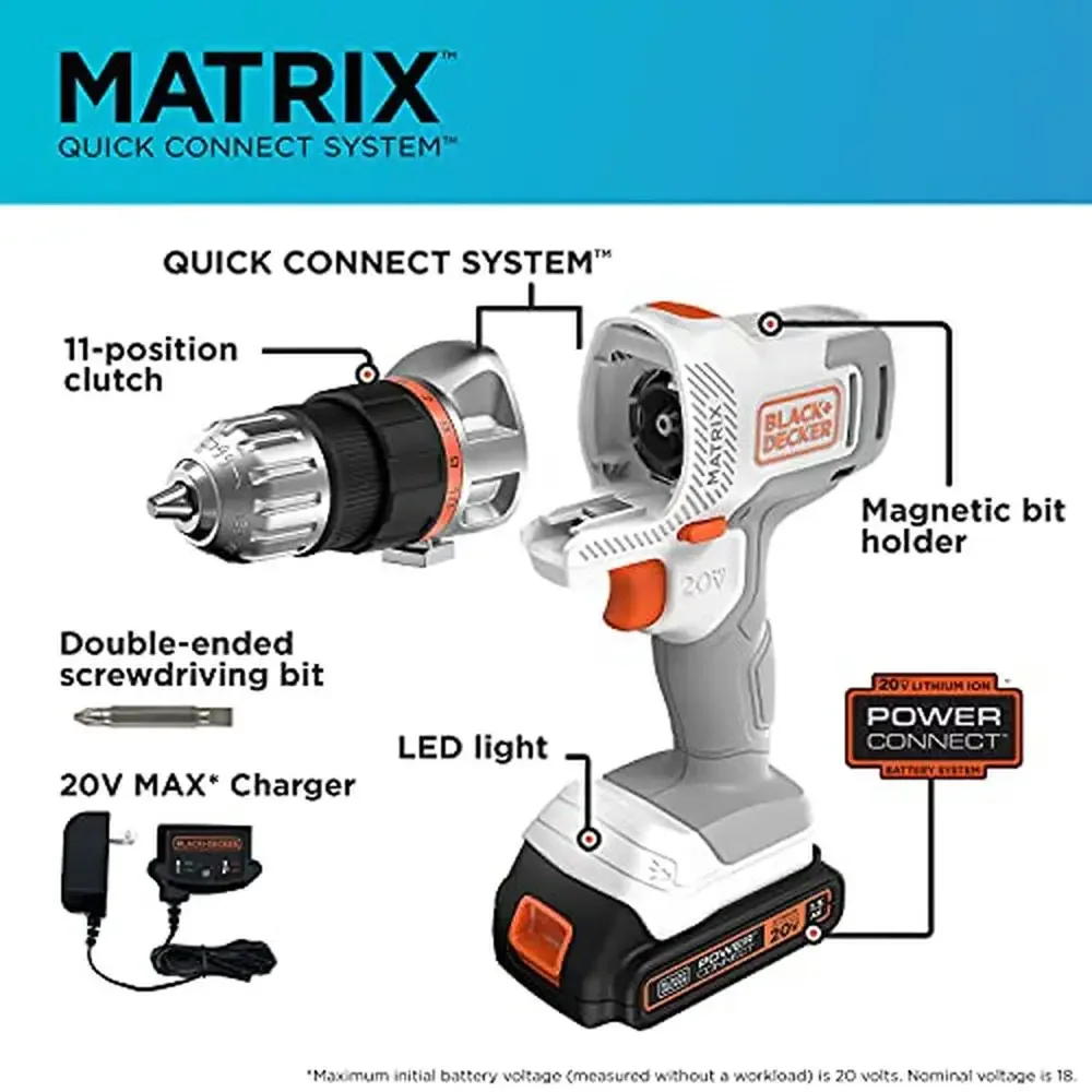 20V MAX Matrix Cordless Drill/Driver Kit Quick Change System Cost Effective PowerConnect Battery Stop Stripping Screws Variable