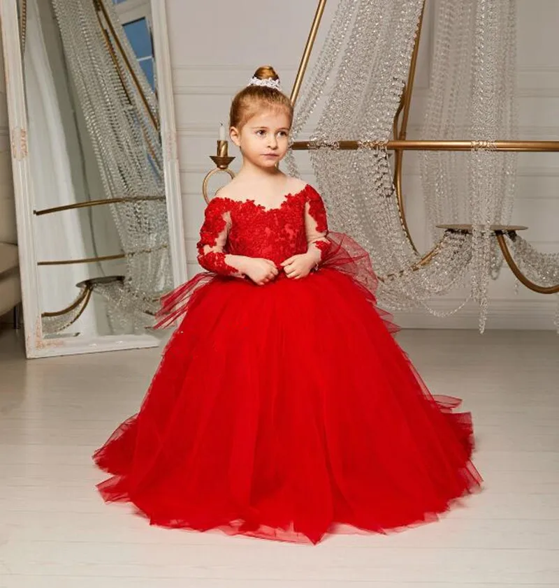 Vestido vermelho Puffy Flower Girl, Casamento Lace Tulle, Pescoço puro, Forro macio, Vestido de Primeira Comunhão Infantil, Vestido de aniversário