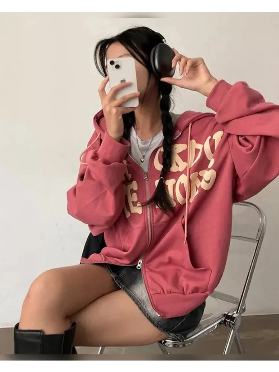 Women Y2k Spring Print Streetwear Sweatshirt Jacket Casual Winter Letter Loose Hoode Zipper Up Sweatshirt