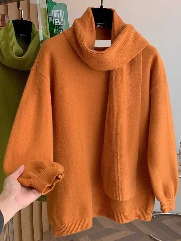 

Мягкий уютный вязаный свитер женский осенне-зимний свободный повседневный топ с модным съемным шарфом, теплый и комфортный трикотаж