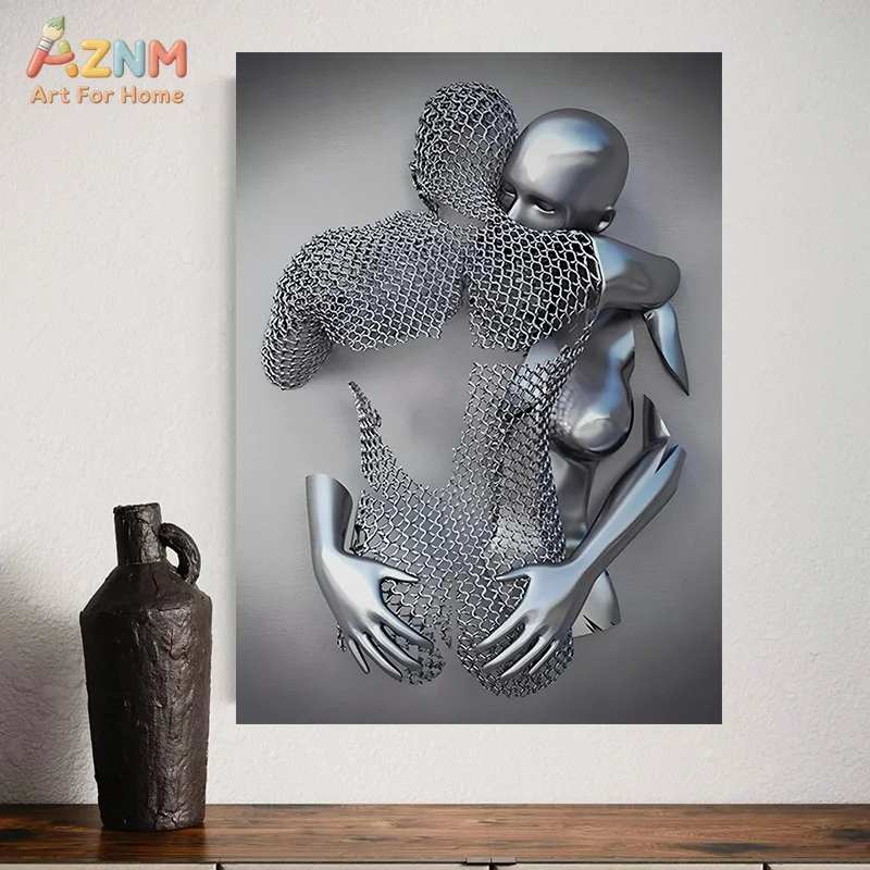 Metal Wire Sculpture Abstract Figure Canvas Wall Art Silver Texture Human Body Modern Minimalist Studio Wall Decor Unframed