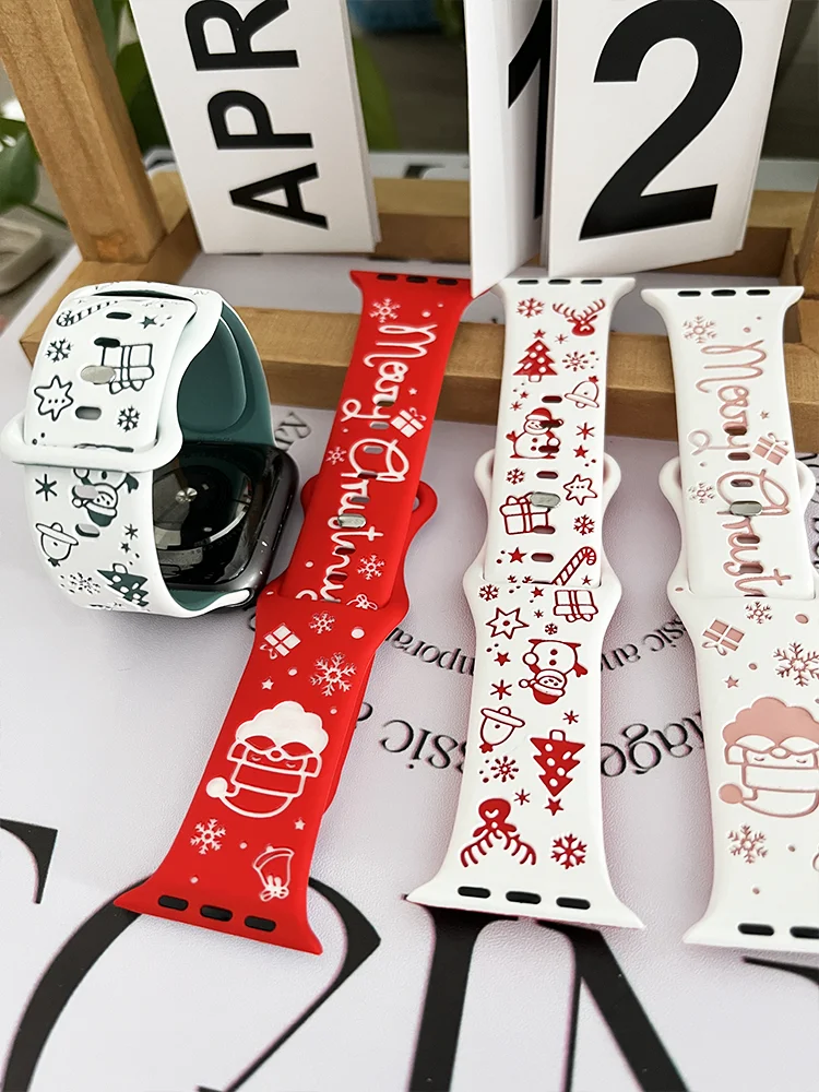 

Women Christmas Strap For Apple Watch ultra 2 49mm 44mm 45 40 42 46mm silicone Engraved Bracelet IWatch Series 11 10 SE 9 8 7 6