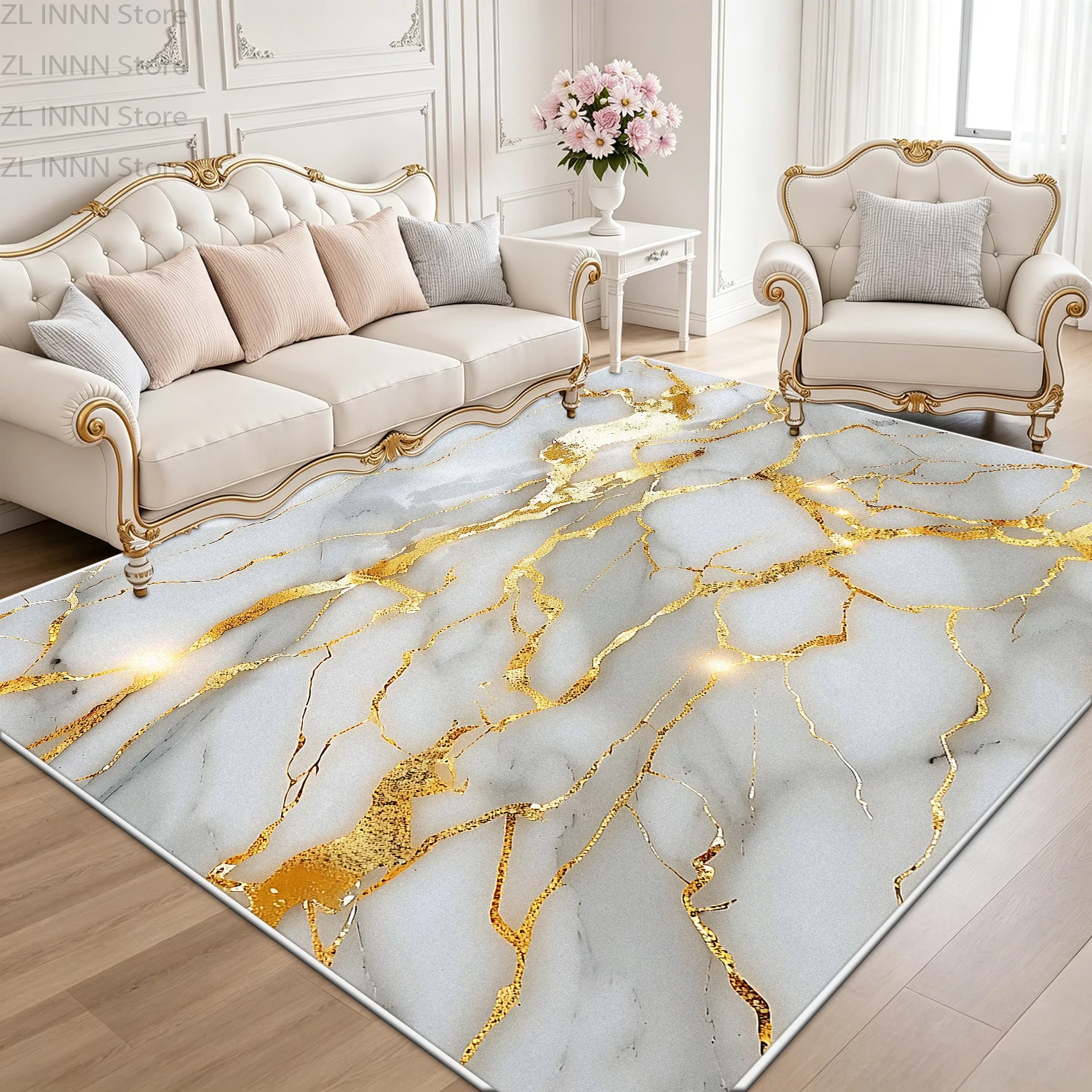 Nordic Light Luxury Marble Living Room Carpet Gold Streak Decoration Home Sofa Area Plush Rug Bedroom Washable Floor Mat