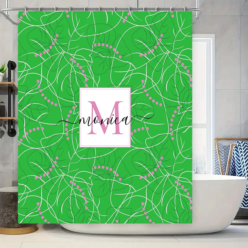 

Персонализированный набор занавесок для душа с монограммой для декора ванной комнаты, зеленый цветочный принт с розовыми акцентами, дисплей с пользовательскими инициалами