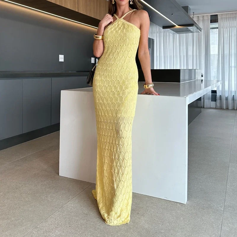 

Sexy Female Off Shoulder Full Length Banquet Maxi Dress Elegant Women Knit Party Dress Luxury Knitted Slim Halter Evening Dress