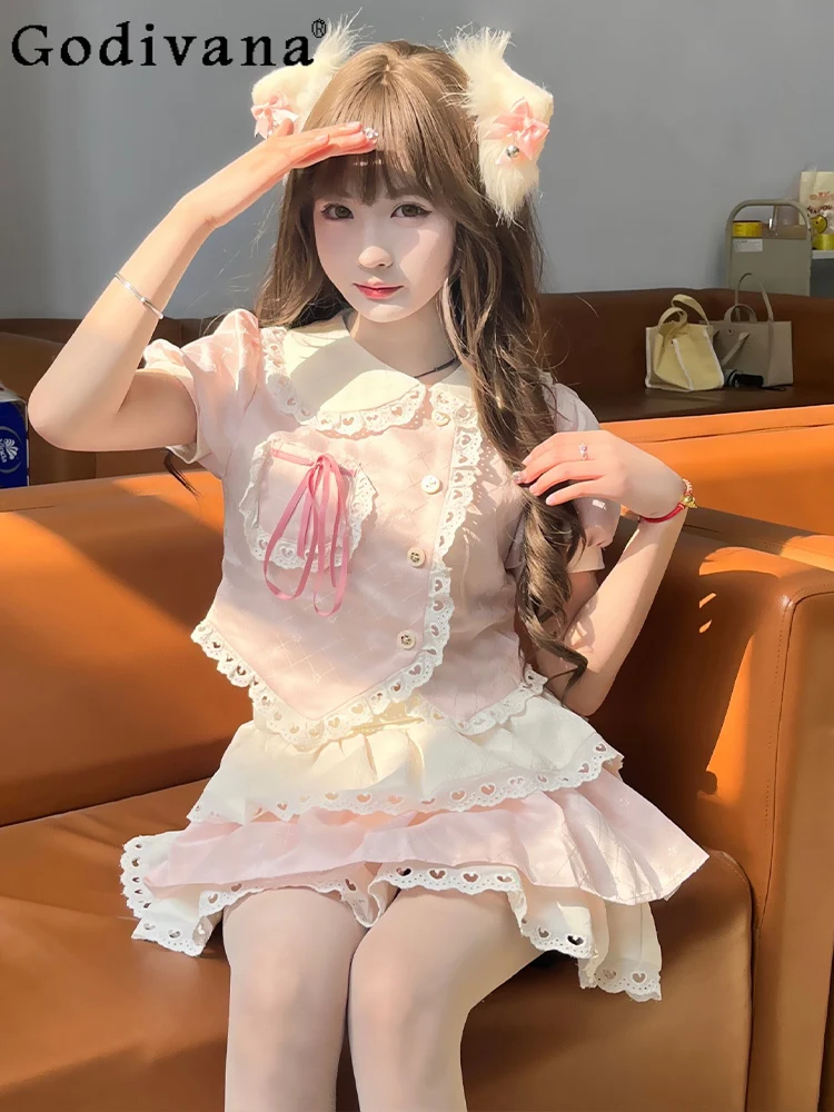 

Girly Sweet Y2k Bow Lace-up Ruffled Edge Pink Skir Sets Summer Korean Fashion High Waist Slim-Fit Mini Skirt Women Elegant Tops