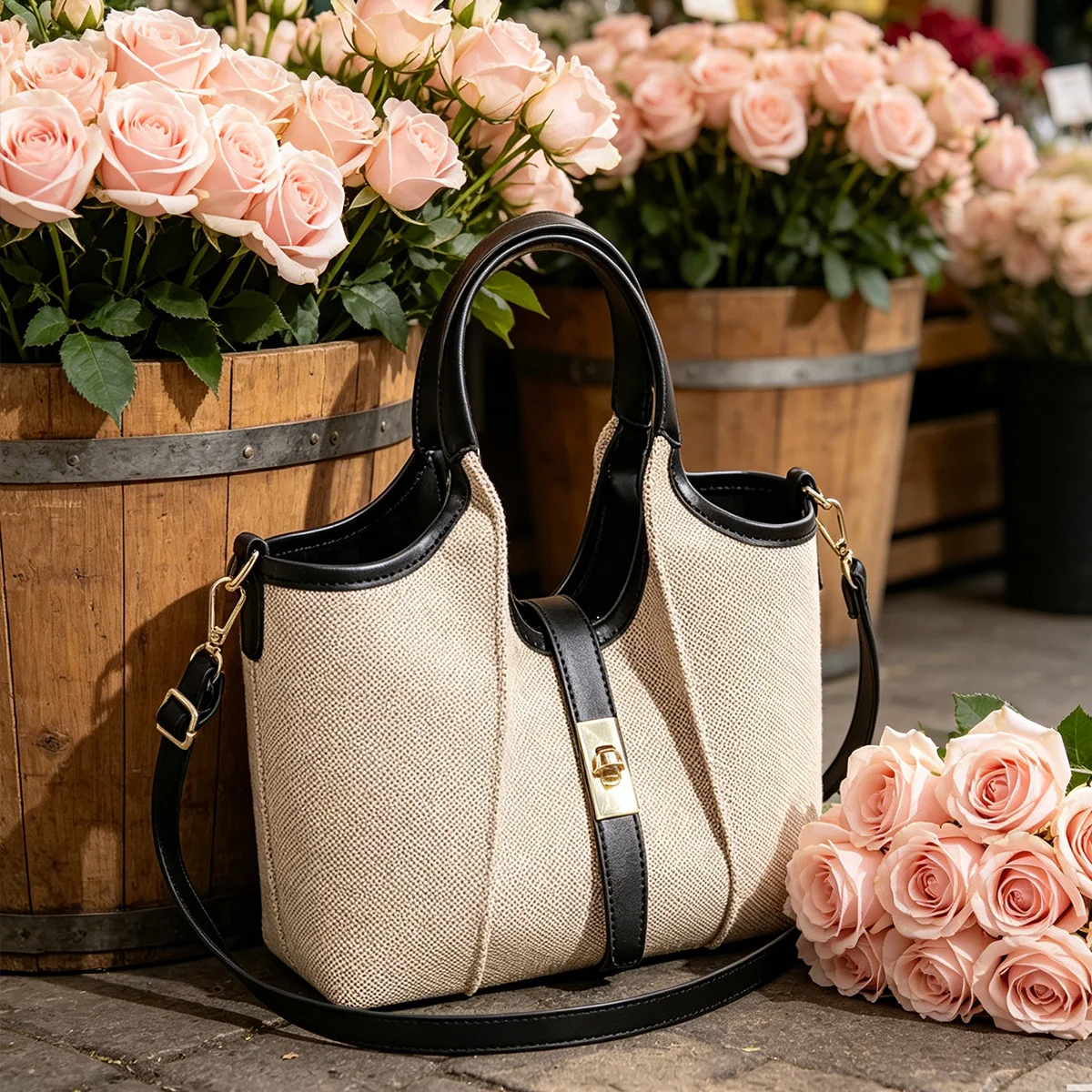 

Solid Woven Large Capacity Fashion Retro Women Bucket Bag Adjustable Strap Crossbody Bag for Daily Commute Shopping