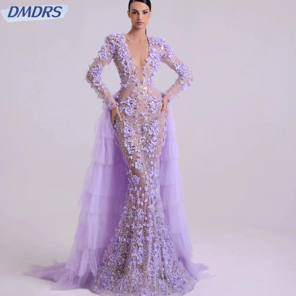 

Purple Elegant 3D Flower Mermaid Long Evening Dress Detachable Train Prom Dresses Customized Illusion Deep V-neck Cocktail Gown