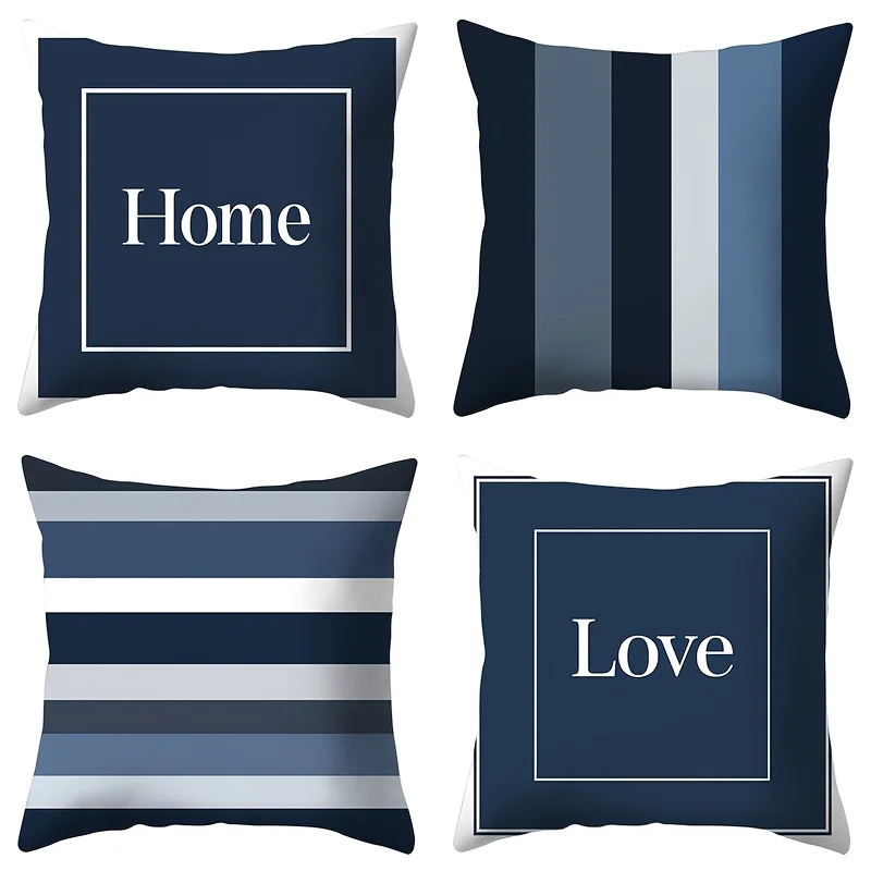 4pcs Dark blue text geometry Single-sided printing Short plush Suitable for living rooms bedrooms sofas (excluding pillow cores)