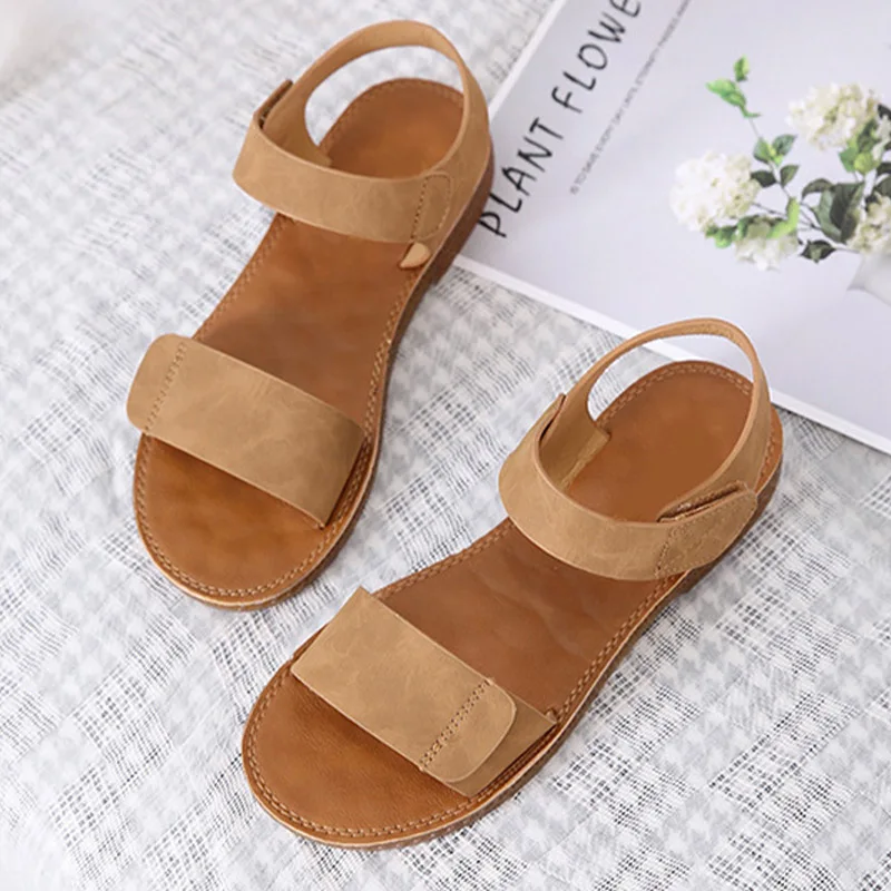 2022 Summer Women\'s Sandals PU Hook Loop Woman Flat Shoes Open Toe Classic Ladies Sandals Casual Rome Soft Leather Beach Shoes