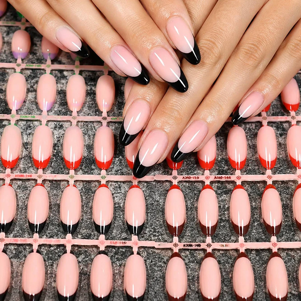 144Pcs High Gloss French Tip Almond Shaped Press On Nail Nude Pink Multicolor Almond Fake Nail Chic Style Almond False Nail