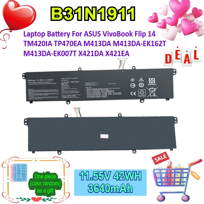 

Аккумулятор для ноутбука B31N1911 для ASUS VivoBook Flip 14 TM420IA TP470EA M413DA M413DA-EK162T M413DA-EK007T X421DA X421EA 11,55 В 42 Втч