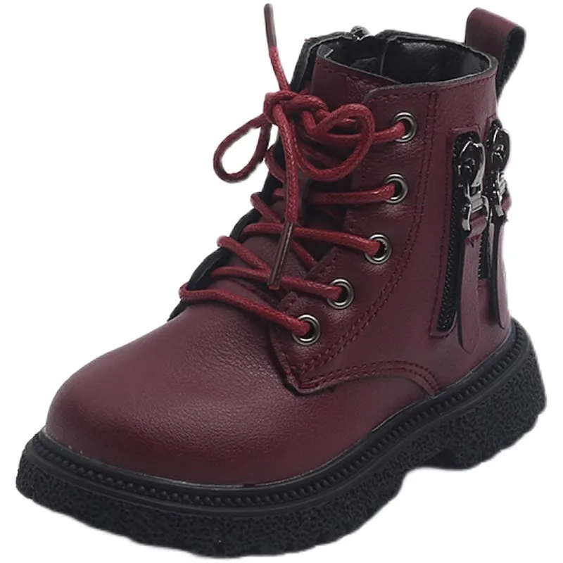 Britischer Stil Herbst Winter Retro Mädchen Pu Lederschuhe Doppel reiß verschluss Mode Kinder Stiefeletten Kinder Plüsch Turnschuhe für Jungen