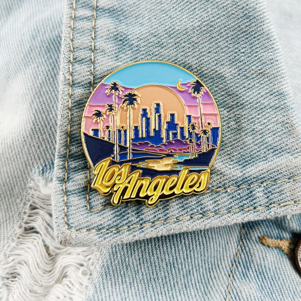Los Angeles Neon Night Skyline Lapel Pin USA City Badge Travel Commemorative Brooch Gift