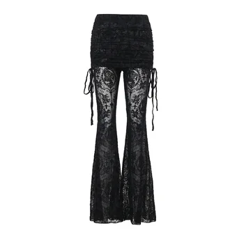 Gothic Lace-Up Flare Pants 6 Gothic Dark Flocking Pants Women Streetwear Aesthetic Emo Alt Grunge See Through Lace-up High Waist Flare Pants Female 6