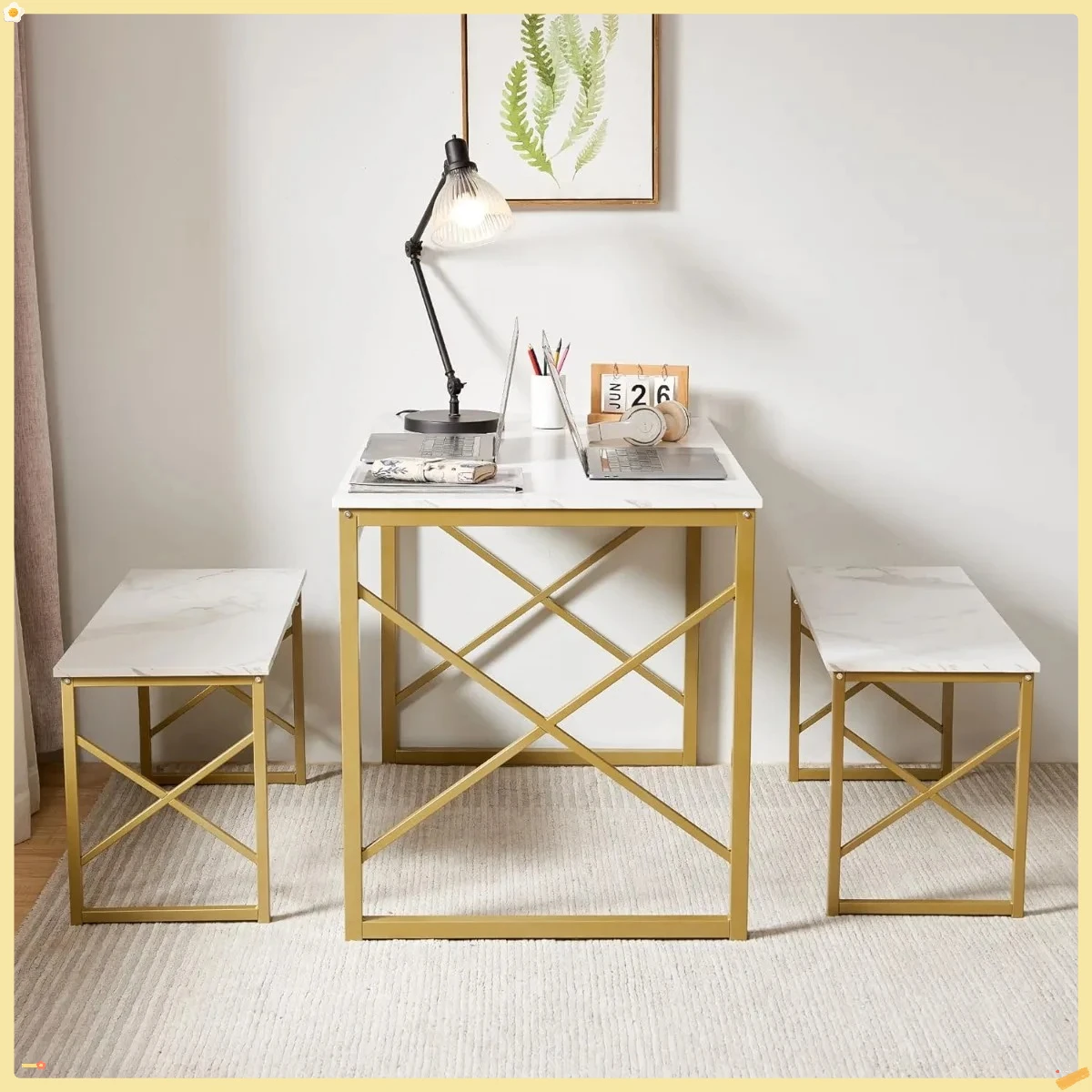 Set Meja Makan untuk 4 Orang, Meja Dapur dengan 2 Bangku Kayu dan Rangka Logam, Meja Makan Kompak untuk Sudut Sarapan atau Dapur