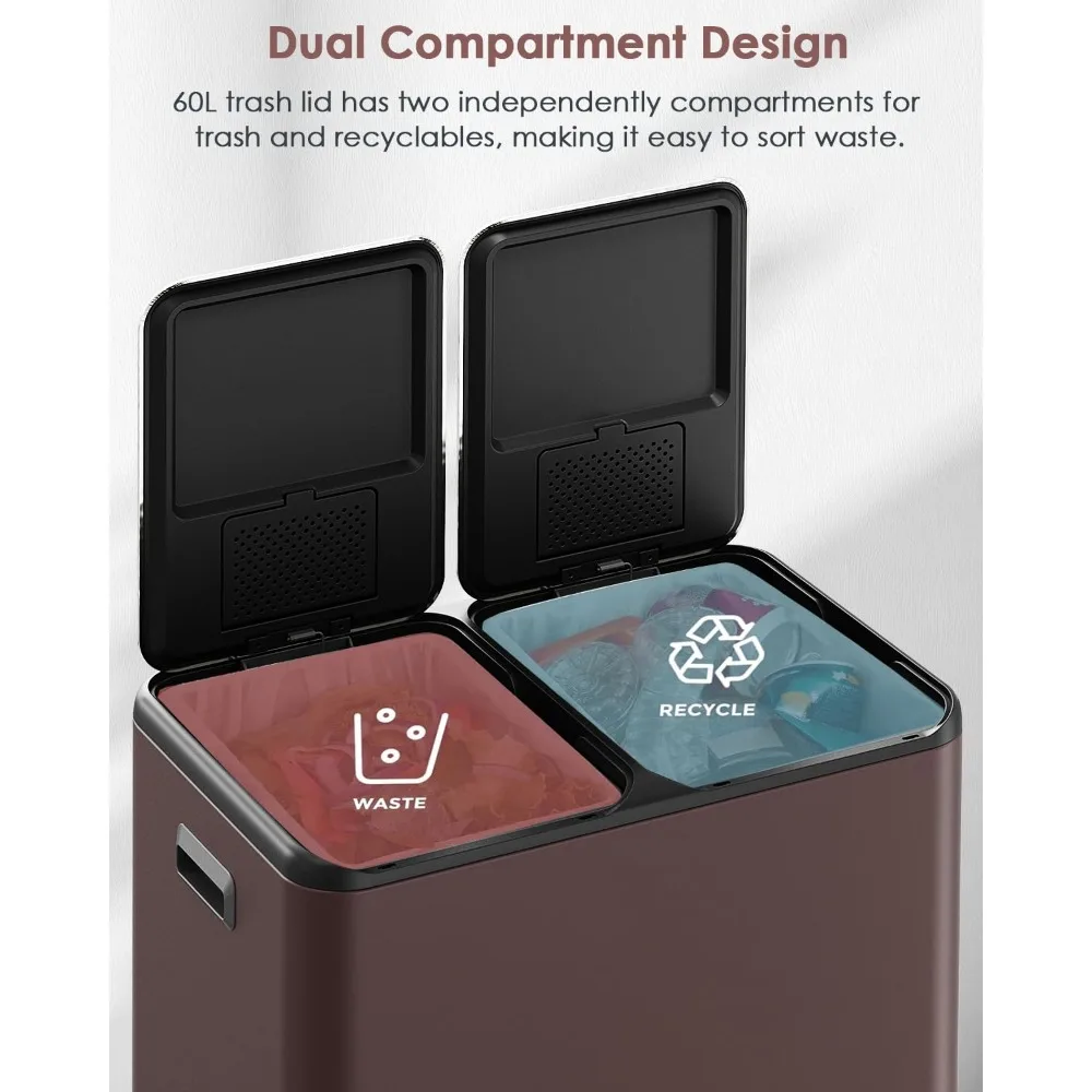 سلة مهملات مزدوجة Arlopu سعة 16 جالون مع صندوق مدمج للتحكم في الرائحة، سلة قمامة المطبخ بدون استخدام اليدين، سلة مهملات إعادة التدوير، إغلاق ناعم