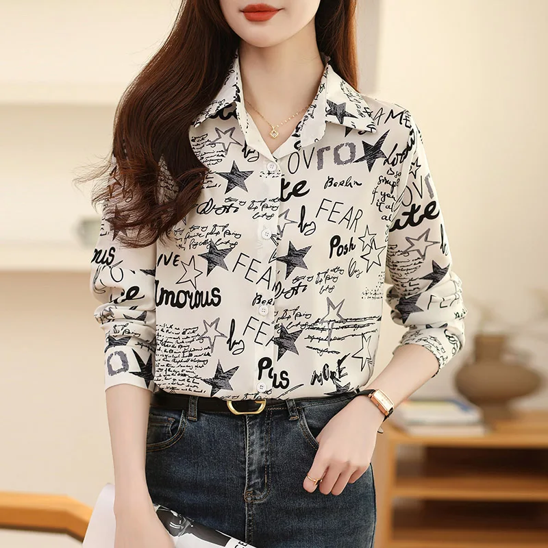 Autumn New Vintage Ink Graffiti Print Chiffon Shirt Women Clothing Casual Loose Turn-down Collar Long Sleeve Blouses Elegant Top