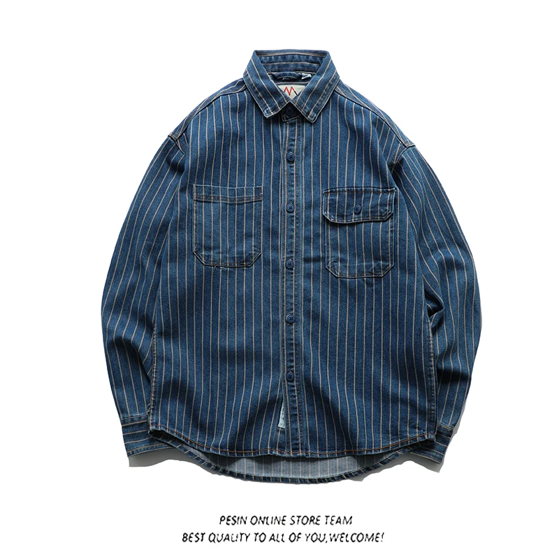 American vintage Cargo Pocket Denim Long sleeve Shirts Fashion Brand Heavy Stripe Amekaji Loose Casual Shirt