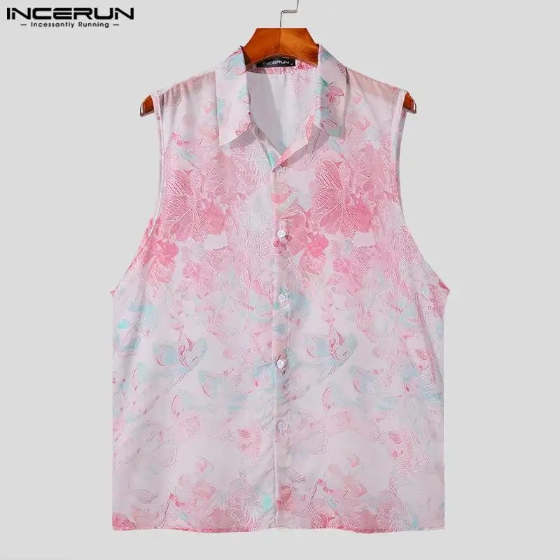 INCERUN Men\'s Shirt Printing Transparent Lapel Sleeveless Casual Men Clothing Streetwear Summer Sexy 2024 Fashion Shirts S-5XL