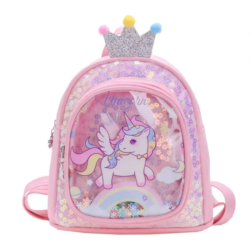 Coroa bonito dos desenhos animados saco glitter mochila bolsa pu unicórnio mochilas para crianças meninas fãs (rosa)