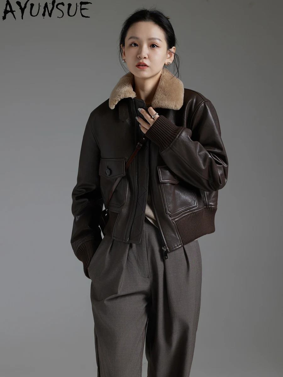 AYUNSUE Echt Leder Jacke Frauen 2025, Echtem Schaffell Frauen Mäntel Herbst Frau Kleidung Gemüse Bräunung Jaqueta De Couro