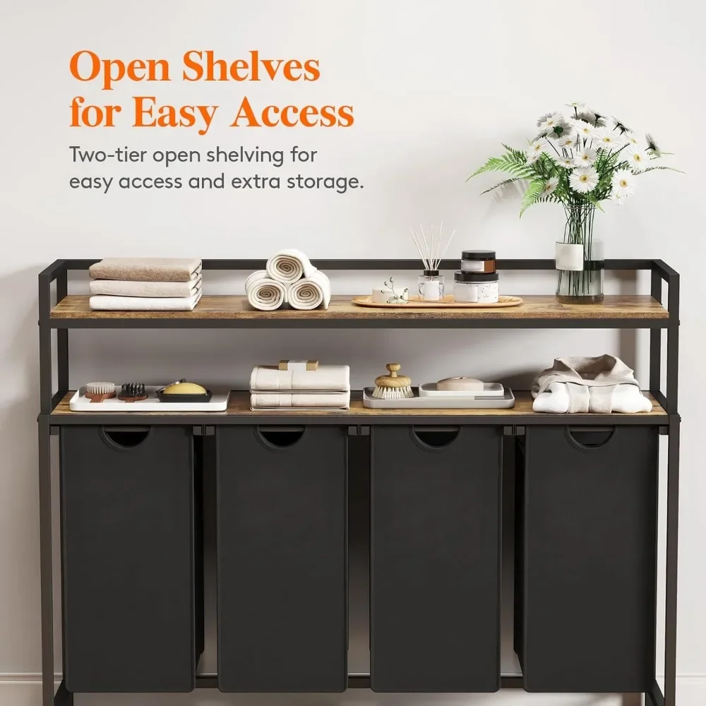 Cesto de roupas mais vendido, 4 seções, 168l, organizador de cesta de roupas para lavanderia, marrom rústico