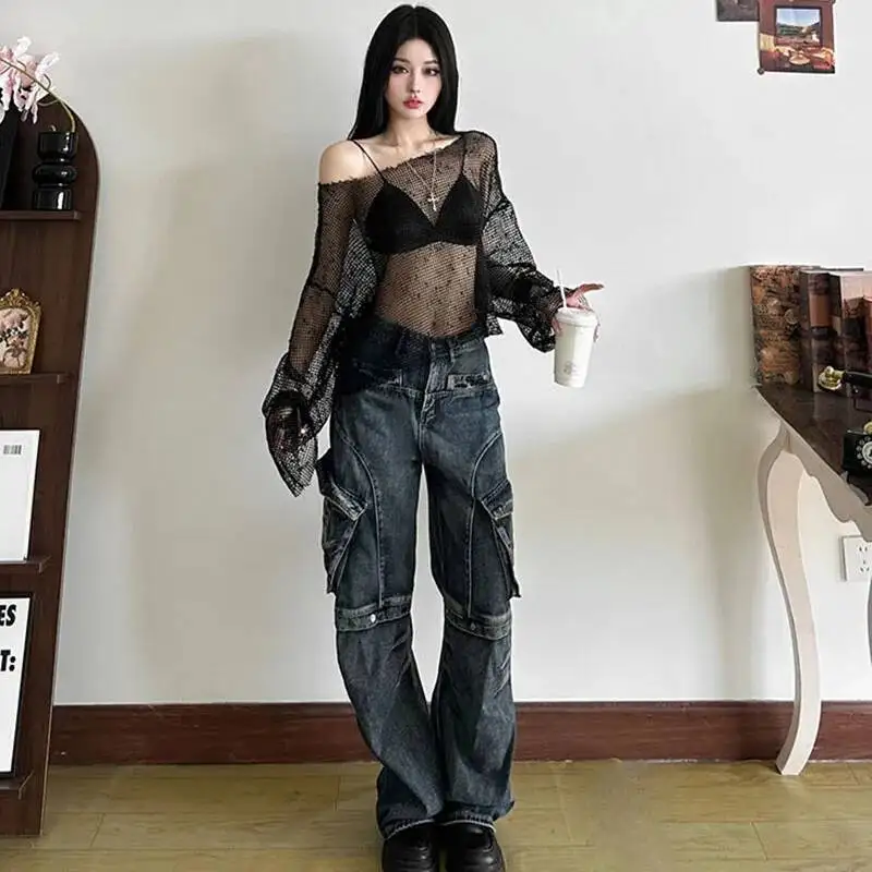 Seksowna siateczkowa koszulka damska z prześwitami, czarna, z długim rękawem, ażurowa, letnia moda streetwear, podstawowa bluzka Y K, top dla kobiet.