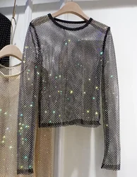 Summer New Ladies Temperament Rhinestone Round Neck Long Sleeve Bright Starlight Hollow Shiny Bottoming Shirt Women's Top Trend