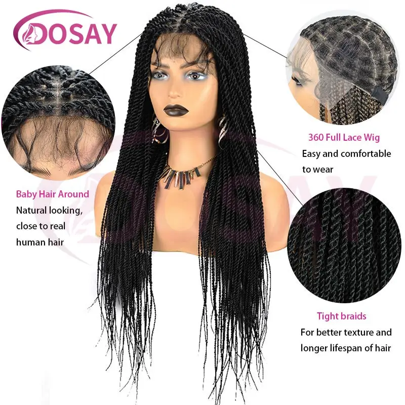 كامل الدانتيل السنغالية تويست شعر مستعار مضفر للنساء السود 36 ''صندوق Knotless الجبهة فو Locs شعر مستعار الاصطناعية الشعر