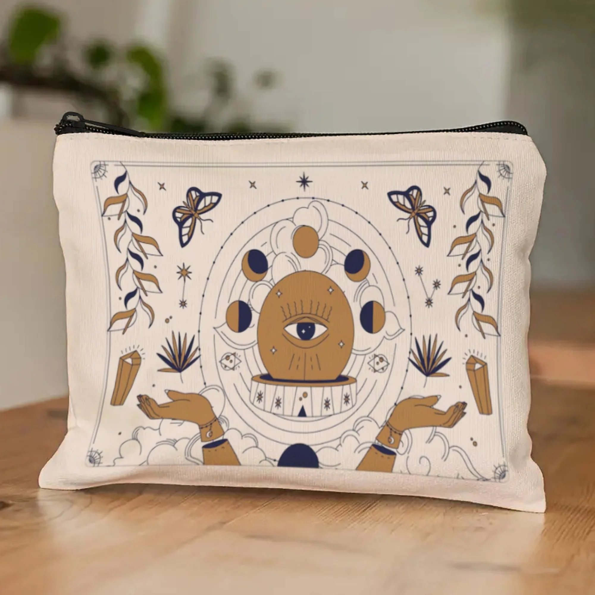 Light-colored Tarot Theme Mystical Eye Cosmetic Bag Hands Crystals Butterflies Lunar Phase Print Fits Travel-sized Minis