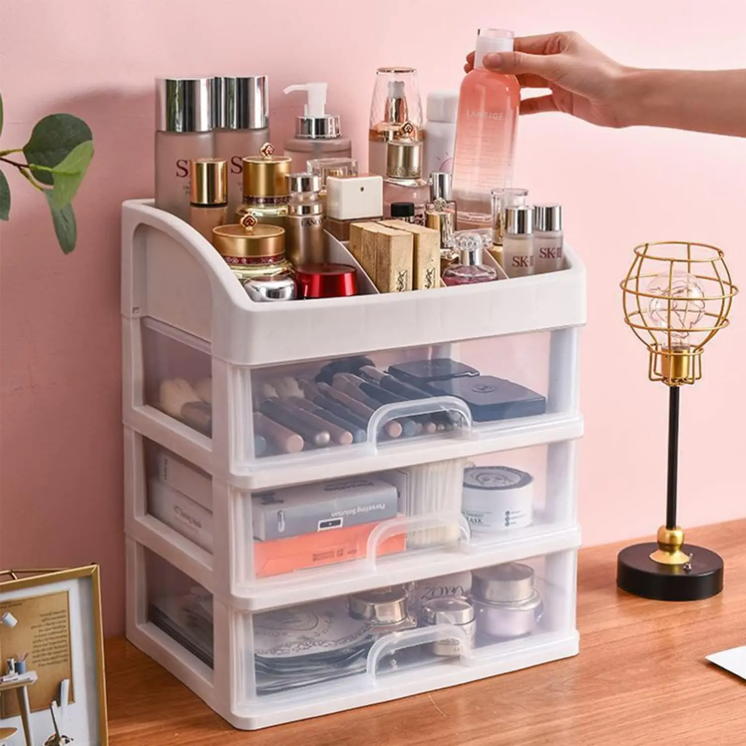 

Makeup Organizer with 3 Drawers, Large Capacity Plastic Storage for Vanity & Bathroom Countertop