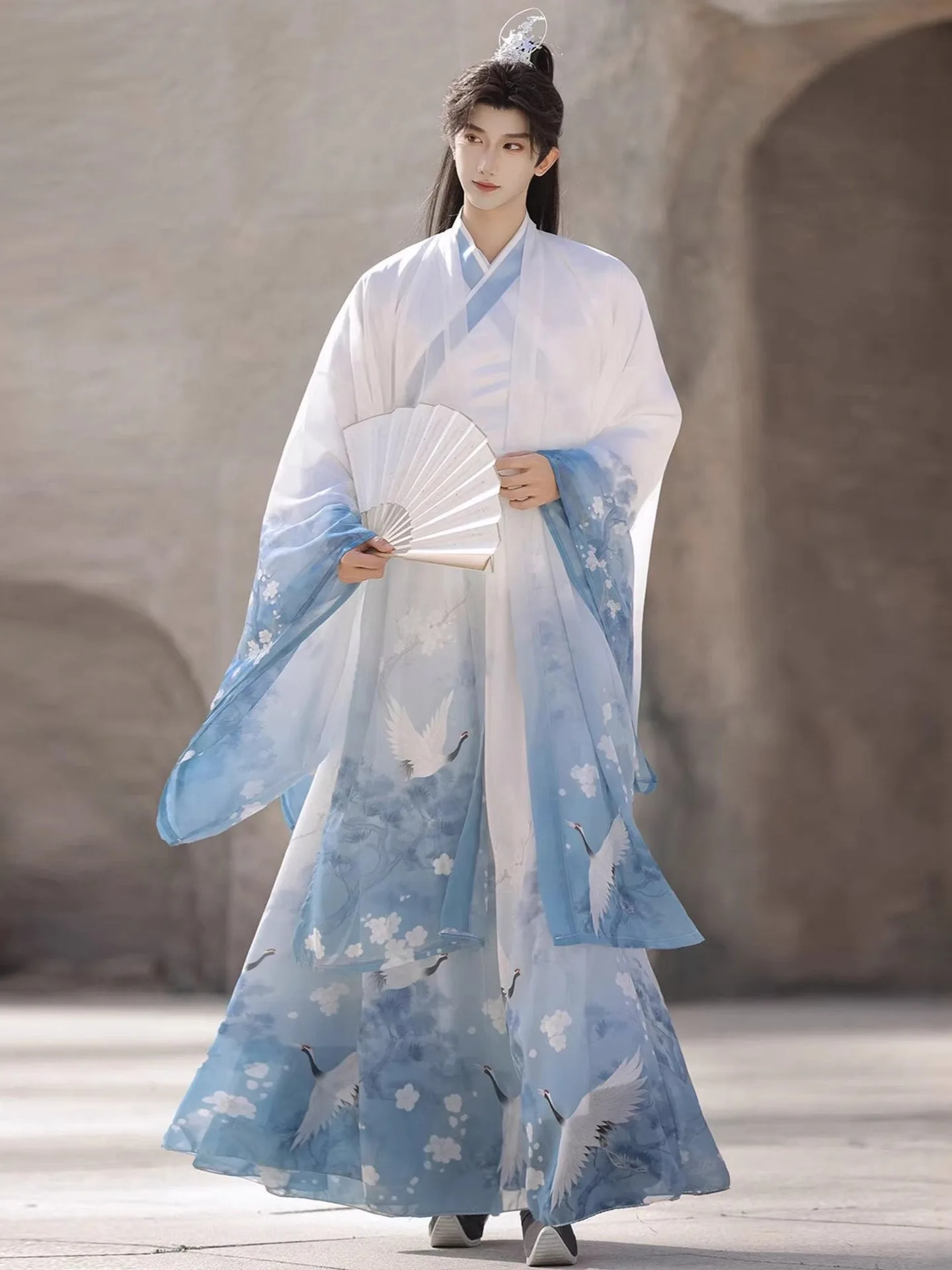 ensemble-de-costume-hanfu-pour-homme-nouveau-style-2026-manches-larges-col-imprime-motif-grue-de-xi'an-tenue-d'artiste-martial-ou-d'ecolier-costume-ancien-elegant