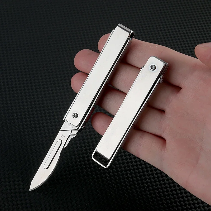 Stainless Steel Folding Scalpel Portable Mini Key Chain EDC Outdoor Box Opening Pocket Knife with 10 Replaceable 24 # Blades