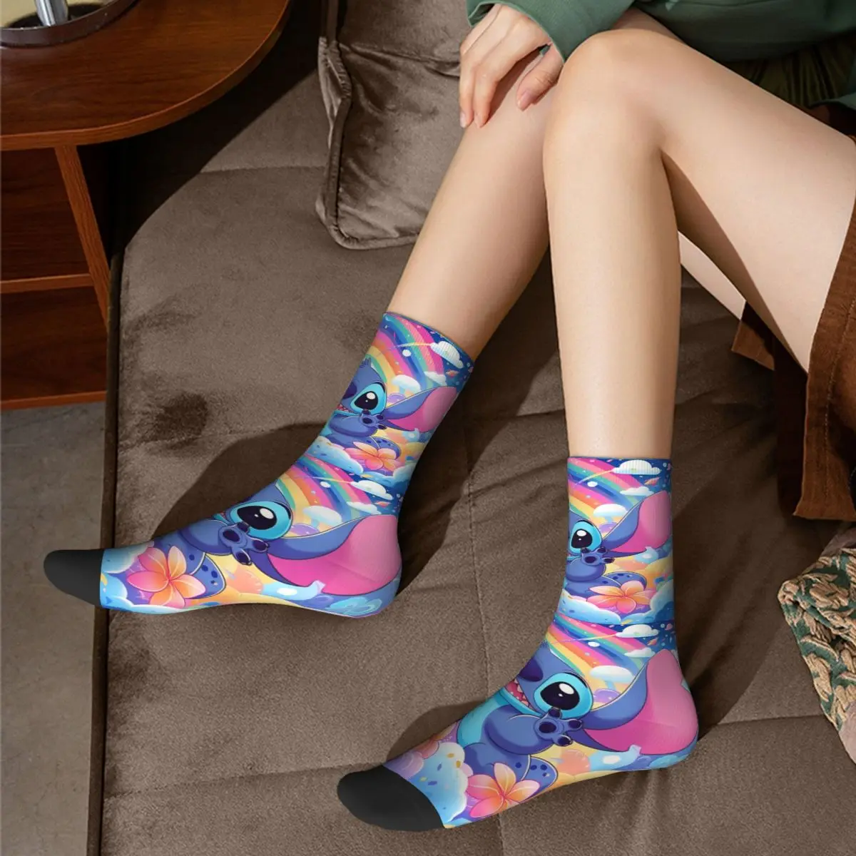 Cute Stitch Rainbow Autumn Winter Casual Women MenSocks Cartoon Sweat Absorbing Soccer Socks