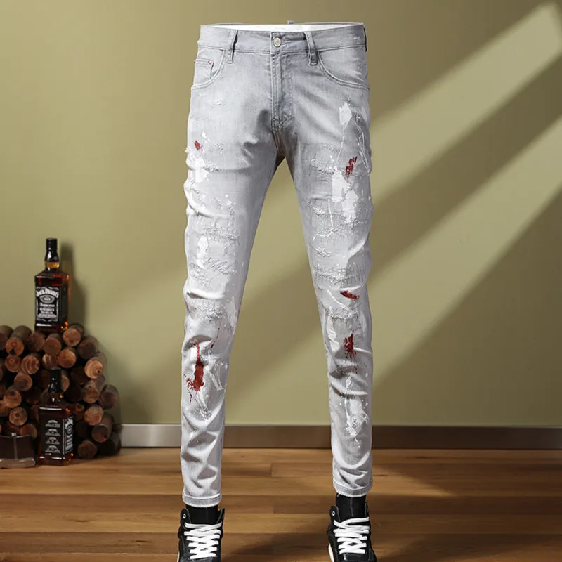 

Fashion Motorcycle Jeans Pants Splash Ink Slim Men Jeans Hip Hop Vintage Men Jeans Men Los Hombres Jeansv America Streetwear