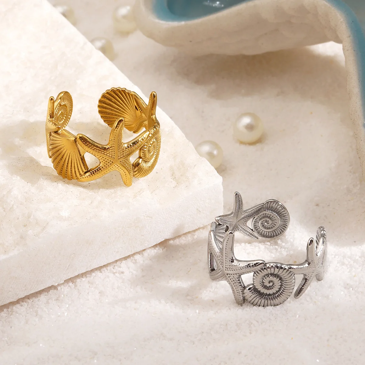 Vintage Starfish Scallop Shaped Adjustable Open Finger Ring Gold Color Ocean Vacation Style Stainless Steel for Women