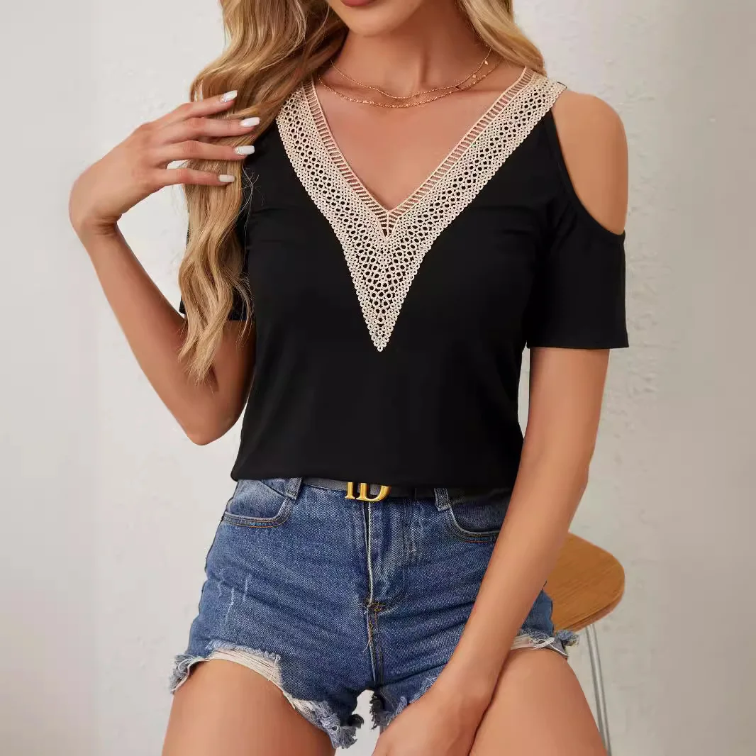 

Top Women T Shirt V Neck Lace Patchwork Hollow Out Off Shoulder Short Sleeves Tees Female Casual Office Lady Tops Summer 2025