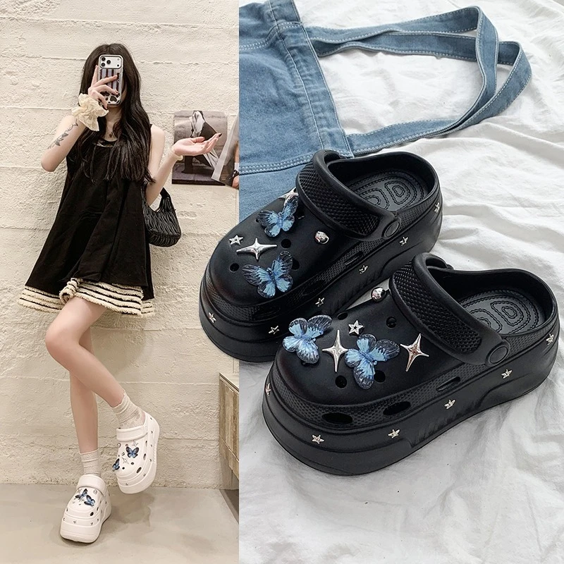 Women Platform Closed Toe Clogs Butterfly Star Rhinestone Charms Decor Hollow Soft EVA Anti Slip Indoor Outdoor Slides Sandals