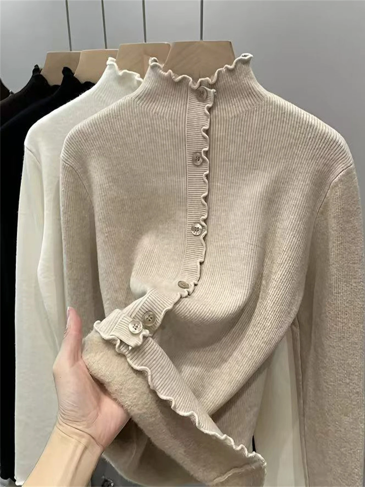 

Утепленный вязаный свитер с флисовой подкладкой для женщин, осенне-зимний теплый базовый слой, цельный бархатный топ в европейском стиле