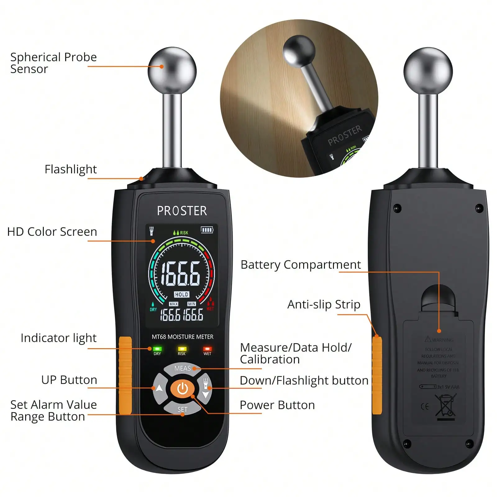 Pinless Moisture Mete Humidity Detector Hygrometer with Color LCD Alarm Function for Wall Wood Masonry 5-40mm Analysis Depth