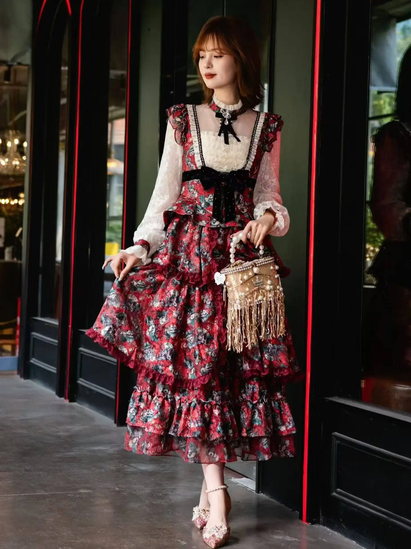 Vintage Floral Lolita Dress Red Tone Ruffle Tiered Skirt Lace Long Sleeve Jumper Skirt For Party Photoshoot Tea Party