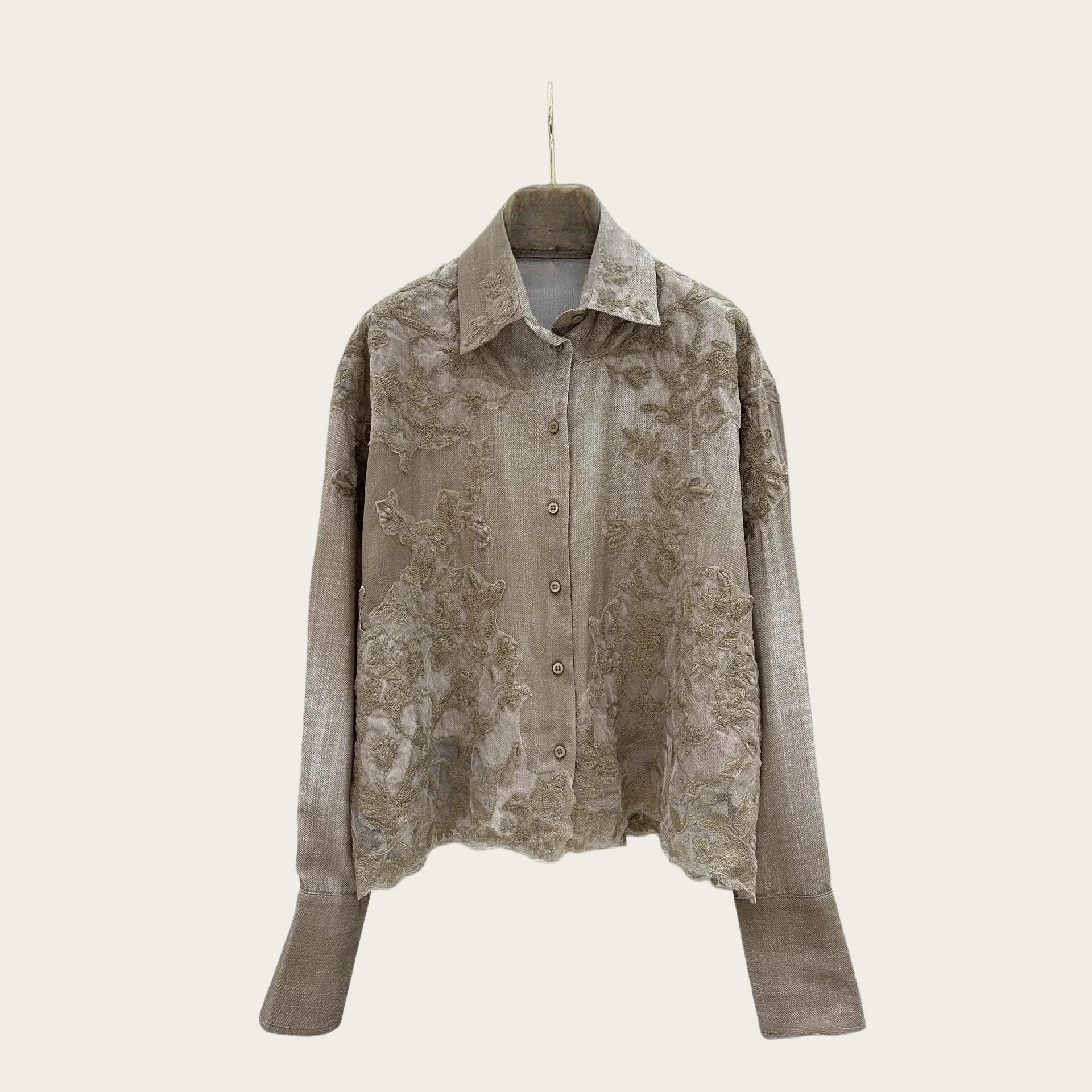 Vintage Floral Embroidery Lapel Shirt Women Long Sleeve Loose Blouse