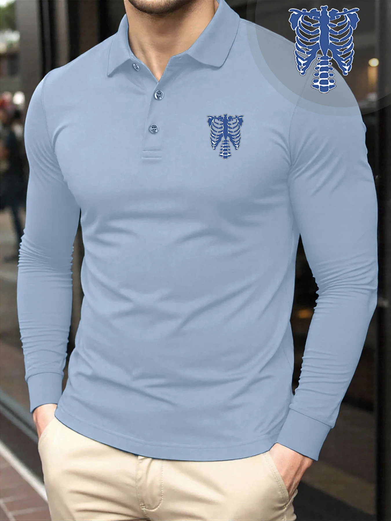 

Мужская модная рубашка поло со скелетонизированным принтом, повседневная футболка в стиле хип-хоп с отложным воротником, базовая осенняя удобная уличная одежда с длинными рукавами
