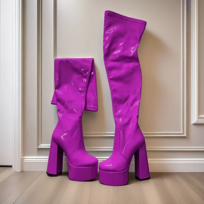 Ladies' Patent Leather High Heels Thick Sole Fashion Side Zipper Knee High Boots European and American Sexy Stage Walking Shoes - Image 2
