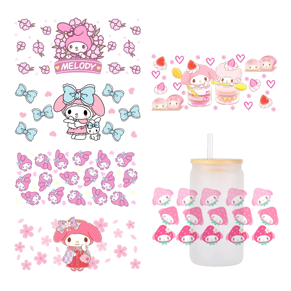 Cute My Melody Pink cartoon For Libbey 16oz Can Glass 3D Waterproof UV DTF Coffee Can Wrap Libbey Glass Wrap