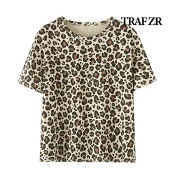 TRAF ZR Leopard 100% Cotton Women's Fashion T-shirts Tops O-neck Summer 2024 Shirt Top Y2k Tshirts Tees Short Sleeve Tee Tshirt