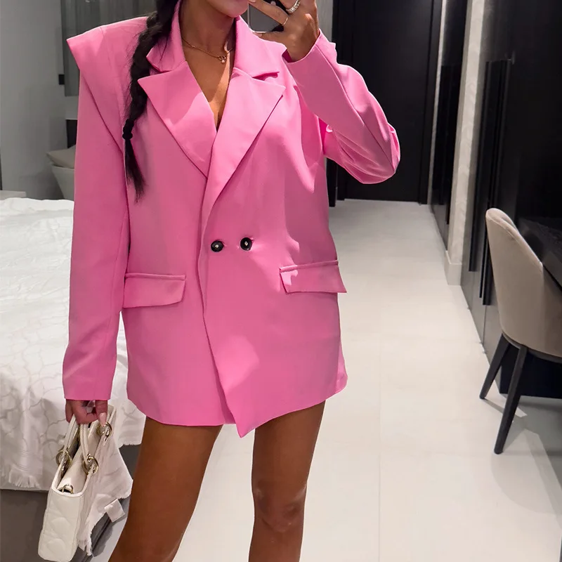 

Pink Women Formal Occasion Blazer Coat Chic 2025 Temperament Casual Long Sleeve Coat Office Lady Pocket Work Blazer Coat Outwear