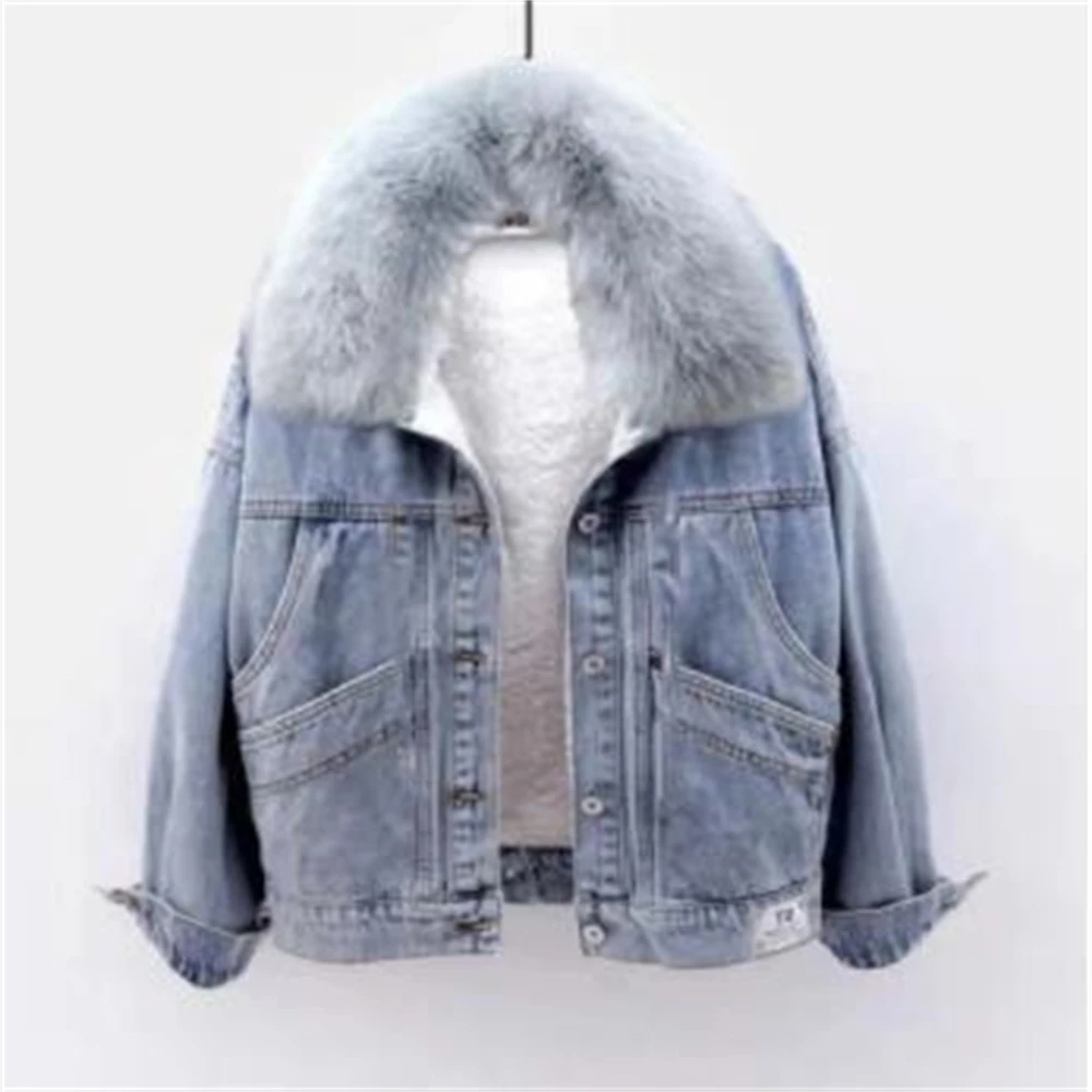 Winter Denim Jacket Women Fashion Fur Collar Warm Fleece Velvet Lining Denim Coats Bomber Outerwear Female Blue Chaqueta Mujer