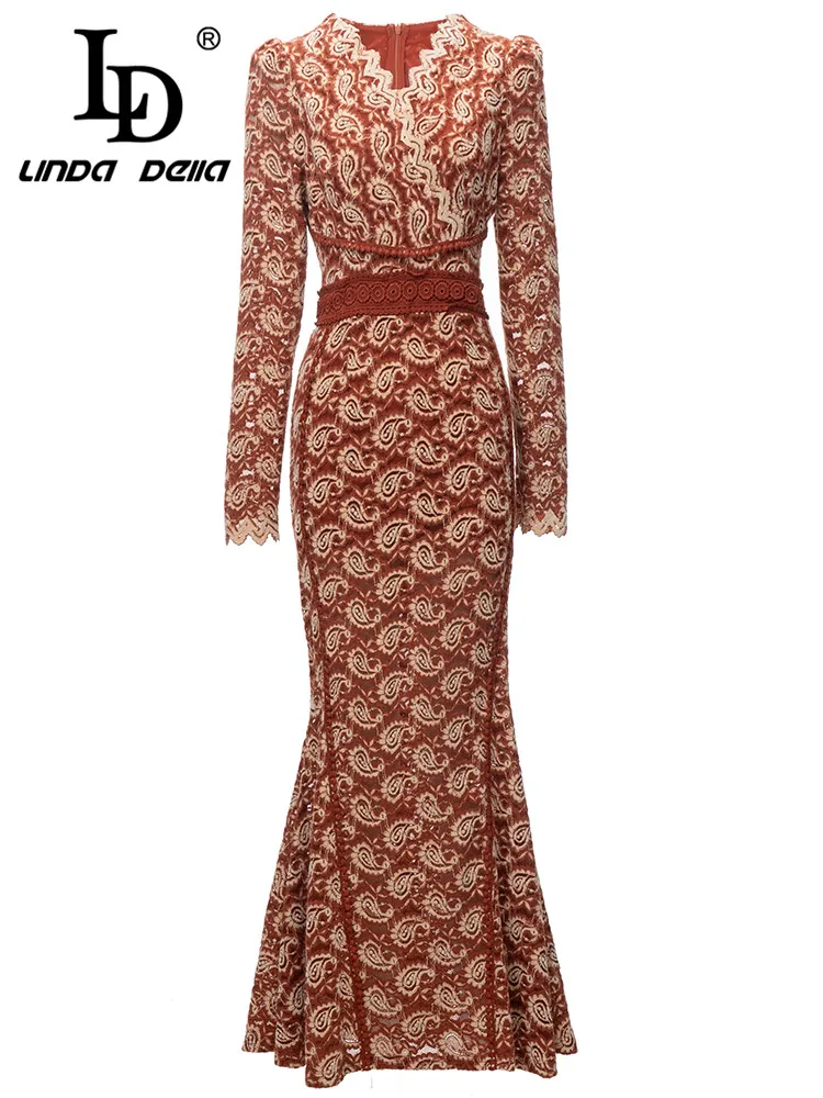 

LD LINDA DELLA 2024 Autumn Elegant Pretty Dresse Women's Flower Color Long Sleeve Hollow Out Print Splice High waist party Dress